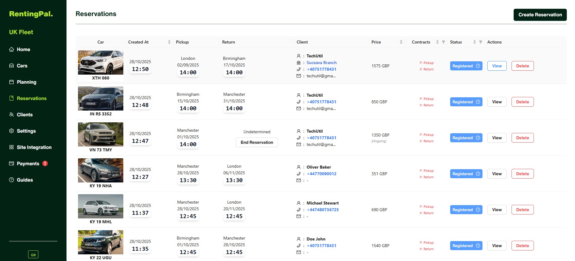 RentingPal rental contract workflow with reservation and signature details