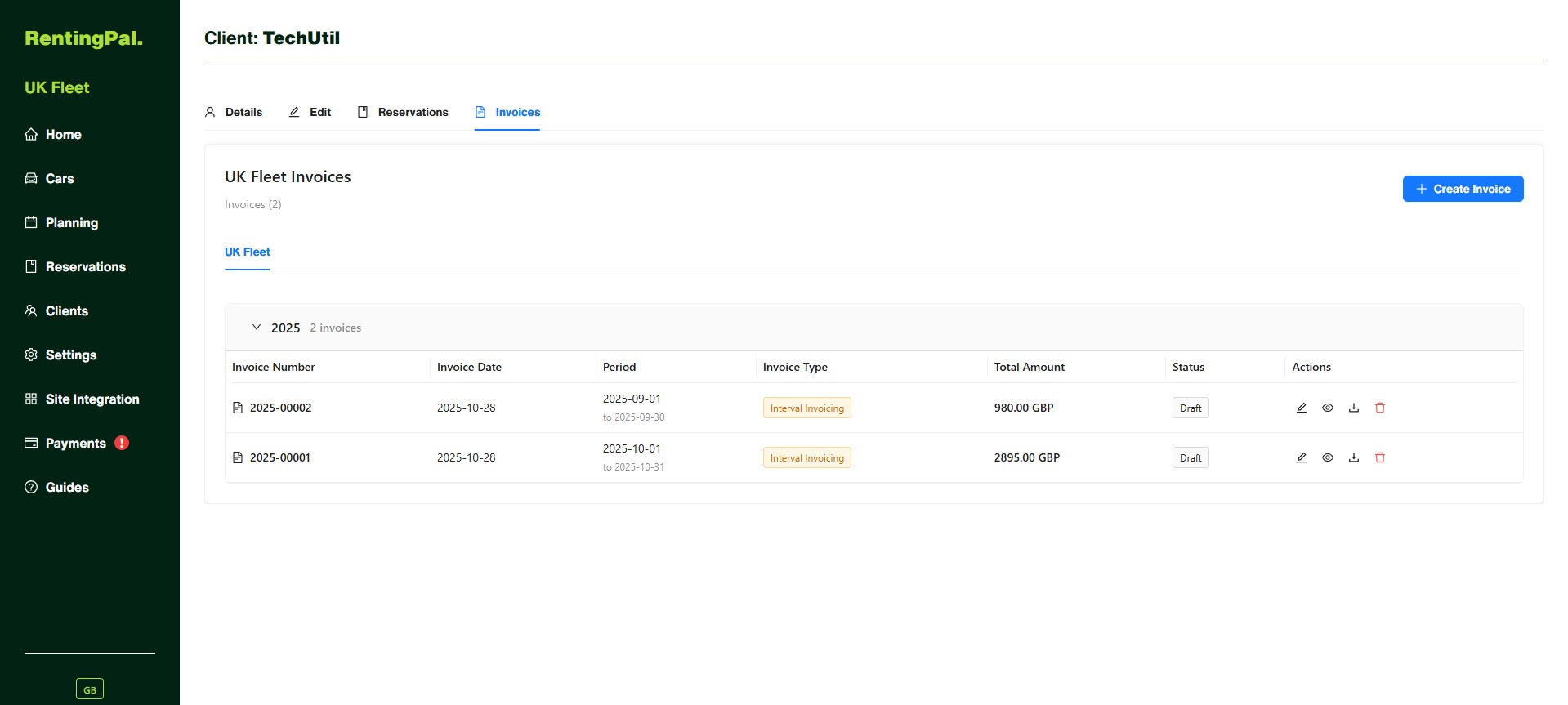 RentingPal invoice workflow for car rental reservations and clients